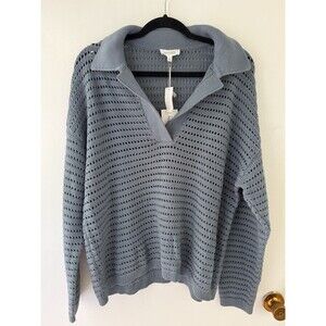 Haven Well Within Sweater Women’s Large Blue Loose Knit Collared Cotton Sweater